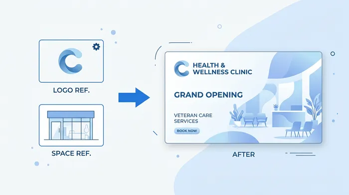Illustration: reference images on the left with an arrow pointing to a generated promotional graphic on the right
