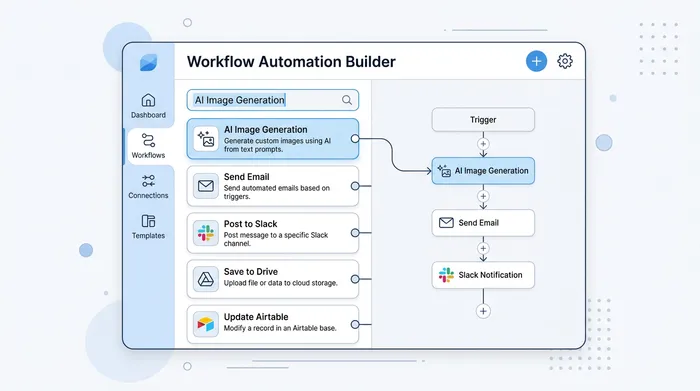 Illustration: a workflow builder panel with an automation action list and an "AI Image Generation" entry highlighted